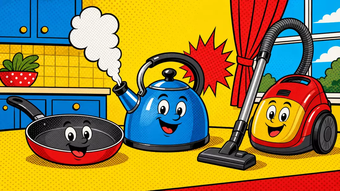 Pop-Art-Comic mit lächelnder Pfanne, Wasserkocher und Staubsauger in der Küche