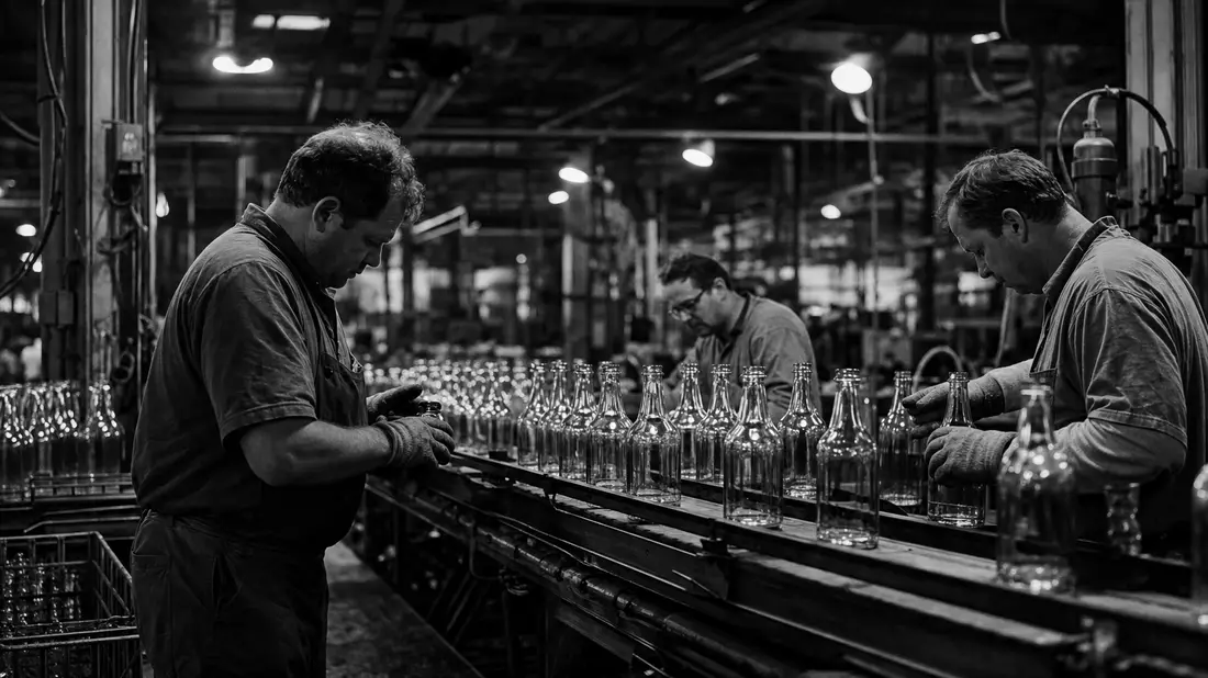 Schwarzweiß-Reportagefoto von Arbeitern an Glasflaschen-Produktionslinie