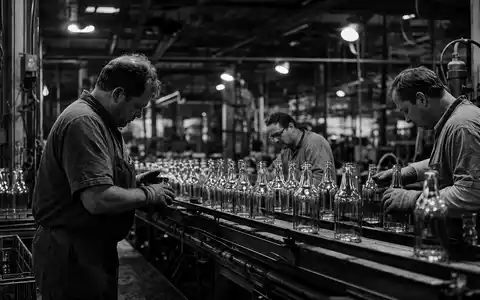Verallia SA (ISIN FR0013506730) beschäftigt Arbeiter, die Glasverpackungen in dokumentarischer Schwarzweiß-Fabrikszene sorgfältig kontrollieren - Foto: THN