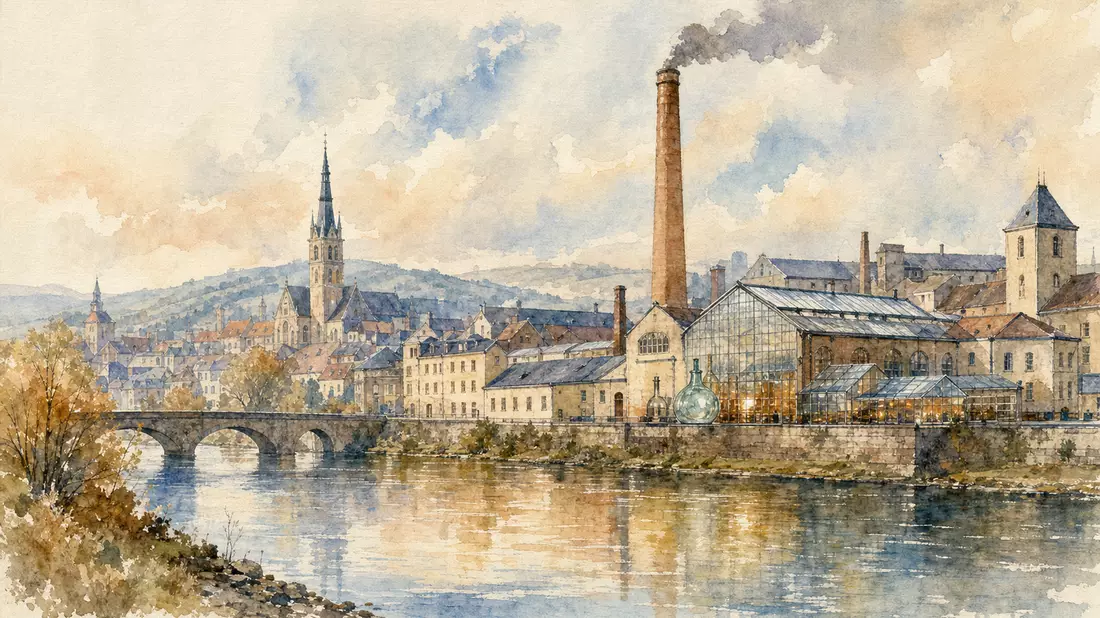 Aquarellmalerei einer Industriestadt mit Glasfabrik und Kirchturm