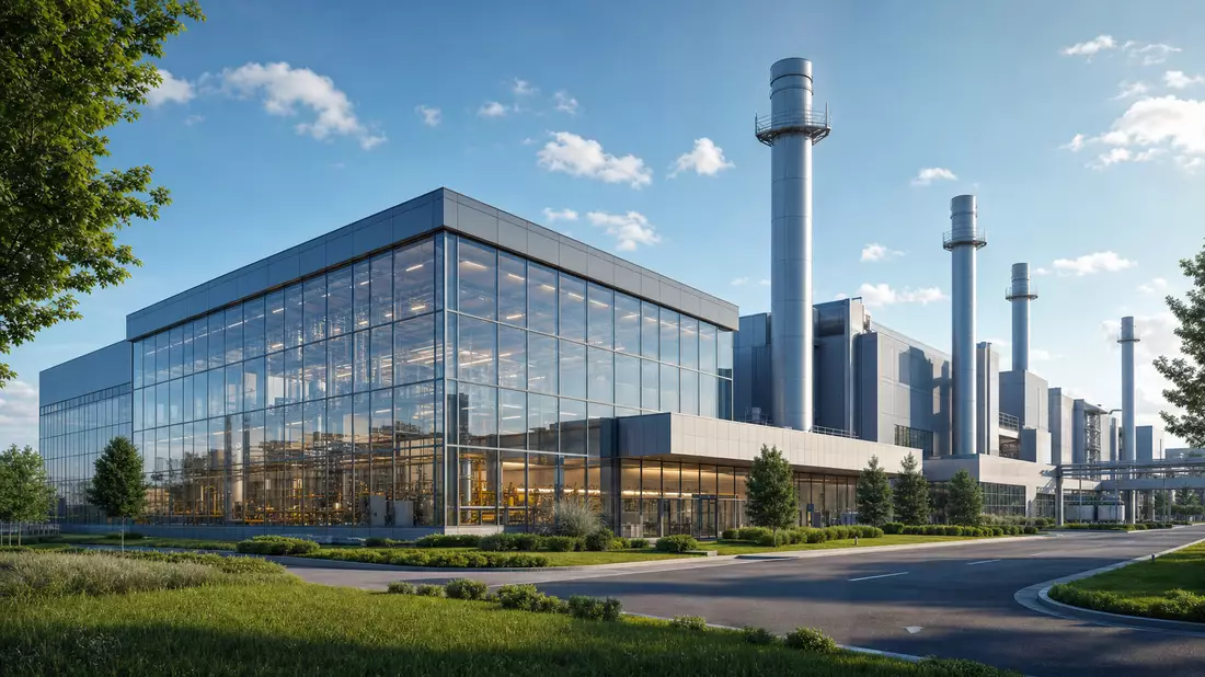 Architektur-Render einer modernen Glasverpackungs-Fabrikanlage mit Schornsteinen