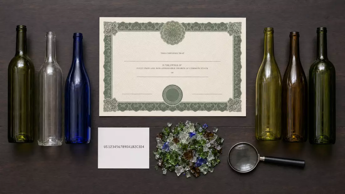 Flatlay mit Aktienzertifikat, ISIN-Karte und bunten Glasflaschen auf Holztisch