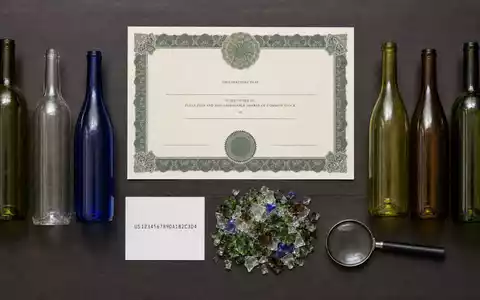 Verallia SA (ISIN FR0013506730) symbolisiert dieses Flatlay mit Aktienzertifikat, ISIN-Karte und farbigen recycelten Glasflaschen - Foto: THN