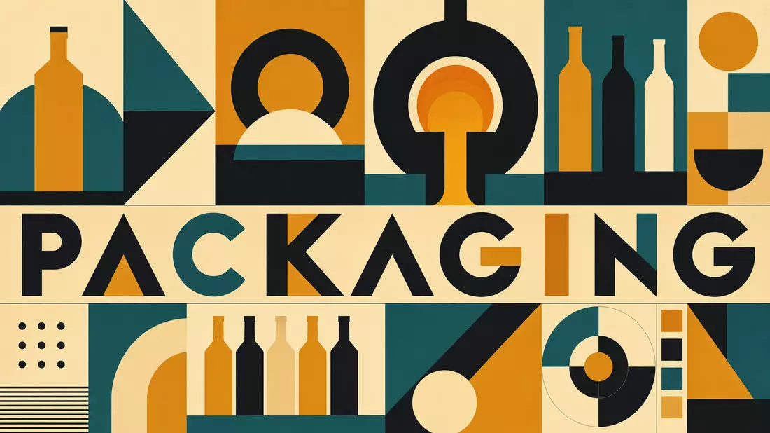 Bauhaus-Poster mit geometrischen Flaschenformen und Schriftzug PACKAGING