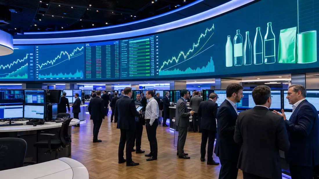 Trading-Floor mit Börsenkurven und stilisierten Verpackungssymbolen auf Bildschirmen