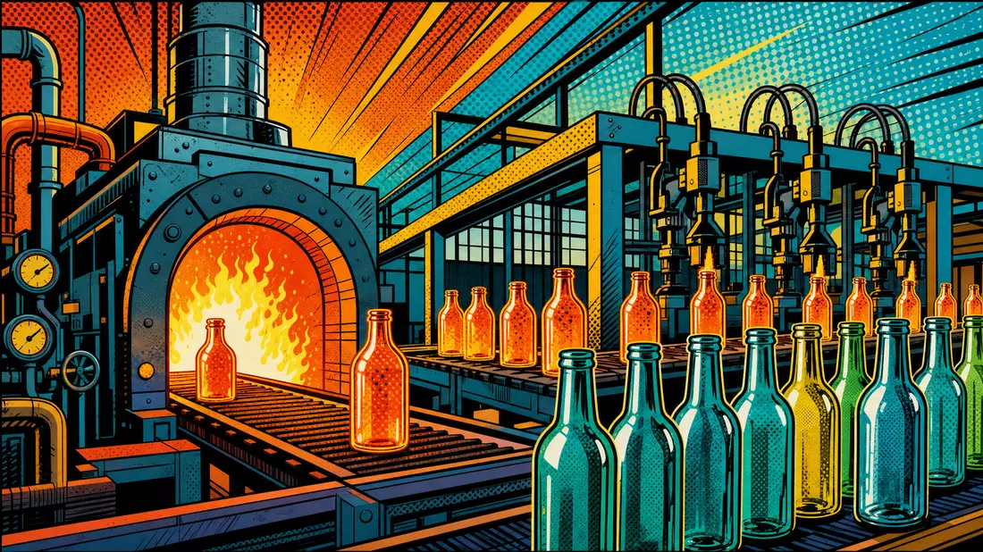 Pop-Art-Comic-Illustration einer Glasfabrik mit Ofen und bunten Flaschen