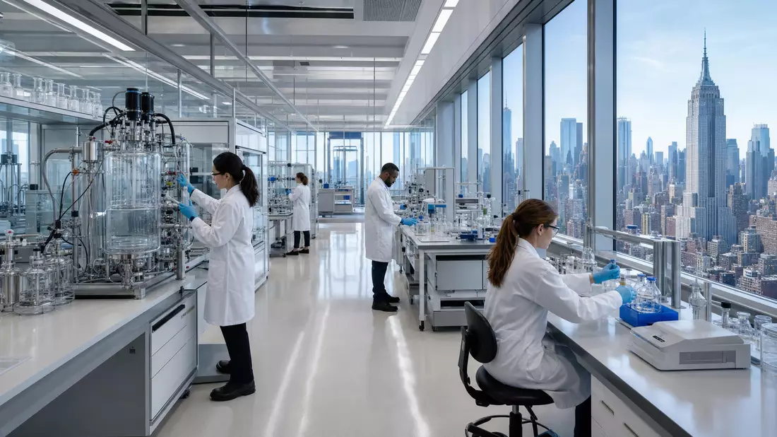 Pharmazeutisches Forschungslabor mit NYC-Skyline, Wissenschaftler bei der Arbeit