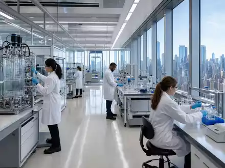 Bristol-Myers Squibb US1078421011 zeigt Wissenschaftler in modernem New Yorker Onkologie-Labor mit Stadtpanorama - Foto: THN