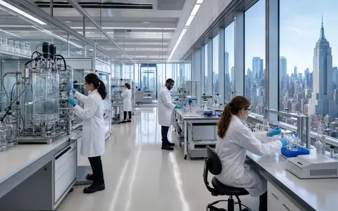 Bristol-Myers Squibb US1078421011 zeigt Wissenschaftler in modernem New Yorker Onkologie-Labor mit Stadtpanorama - Foto: THN