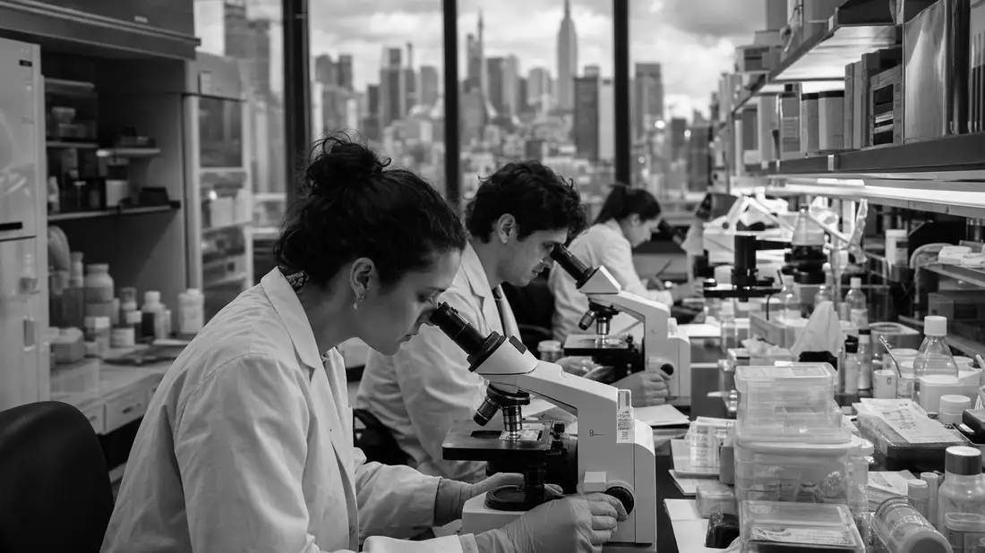 Schwarz-Weiß-Dokumentarfoto von Pharma-Forschern am Mikroskop, NYC