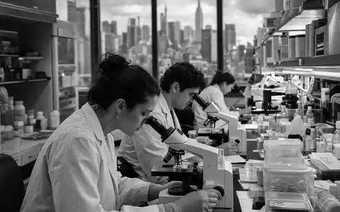 Bristol-Myers Squibb US1078421011 Schwarzweiß-Reportage zeigt Forscherin am Mikroskop im Immunologie-Labor New York - Foto: THN