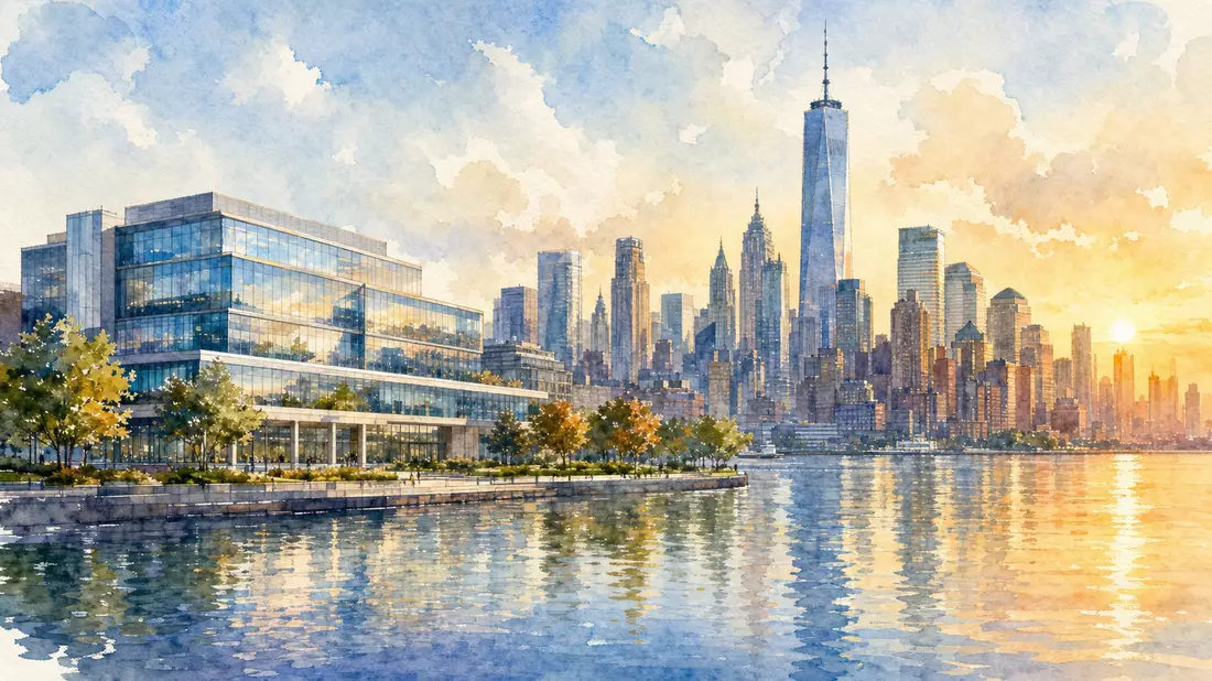 Aquarell des Pharma-Konzerngebäudes und der NYC-Skyline bei Sonnenuntergang