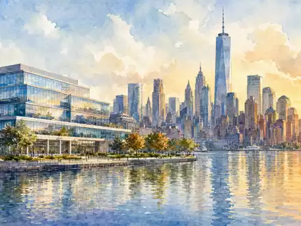 Bristol-Myers Squibb US1078421011 Aquarell des Pharma-Hauptquartiers vor der New Yorker Skyline bei Sonnenuntergang - Foto: THN