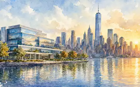 Bristol-Myers Squibb US1078421011 Aquarell des Pharma-Hauptquartiers vor der New Yorker Skyline bei Sonnenuntergang - Foto: THN