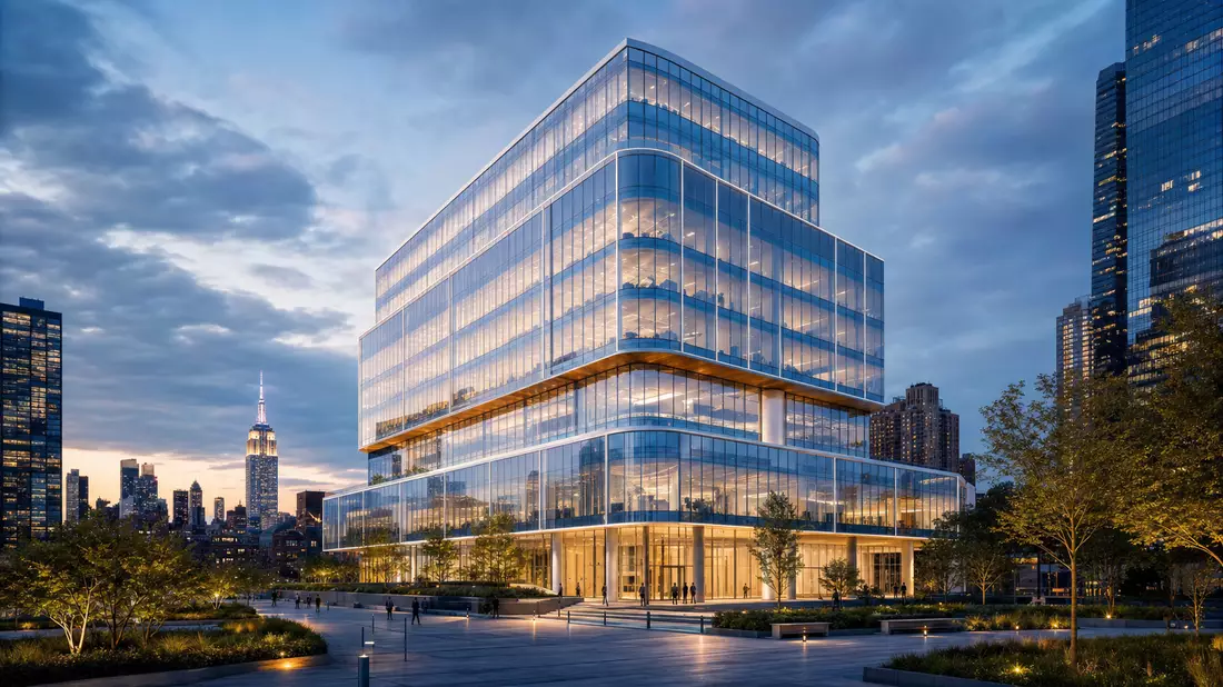 Architektur-CGI eines modernen Pharmakonzern-Hochhauses in Manhattan bei Dämmerung