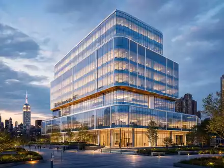 Bristol-Myers Squibb US1078421011 modernes Glasgebäude-Render in Manhattan bei dramatischer Abenddämmerung und Stadtlicht - Foto: THN