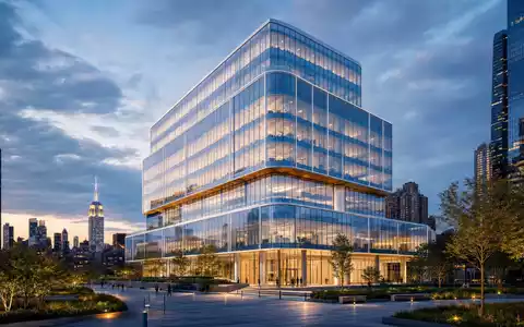 Bristol-Myers Squibb US1078421011 modernes Glasgebäude-Render in Manhattan bei dramatischer Abenddämmerung und Stadtlicht - Foto: THN