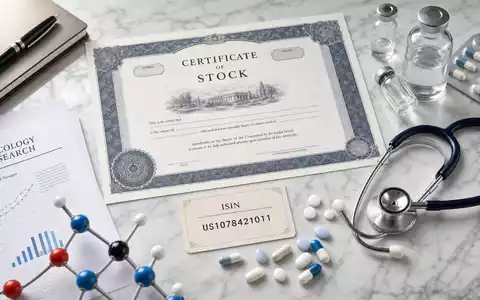 Bristol-Myers Squibb US1078421011 Flatlay mit Aktienzertifikat ISIN-Karte pharmazeutischen Kapseln Molekülmodell und Stethoskop - Foto: THN