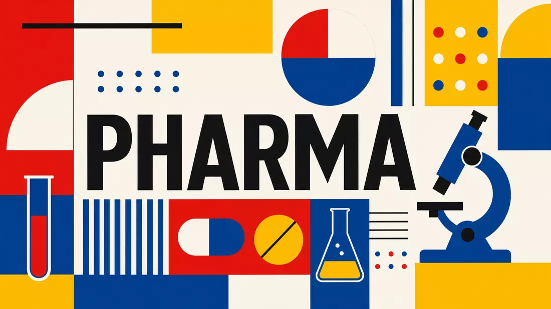 Bauhaus-Poster mit PHARMA-Schriftzug, geometrischen Formen in Rot, Blau und Gelb