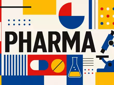 Bristol-Myers Squibb US1078421011 geometrisches Bauhaus-Poster mit dem Sektor-Text PHARMA in kräftigen Primärfarben - Foto: THN