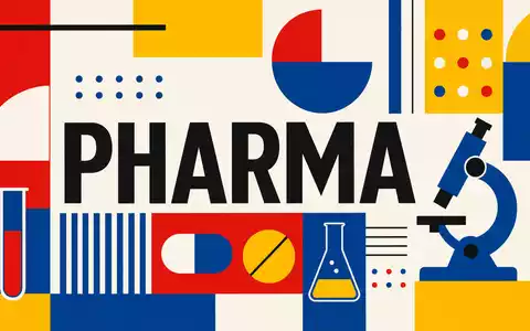 Bristol-Myers Squibb US1078421011 geometrisches Bauhaus-Poster mit dem Sektor-Text PHARMA in kräftigen Primärfarben - Foto: THN