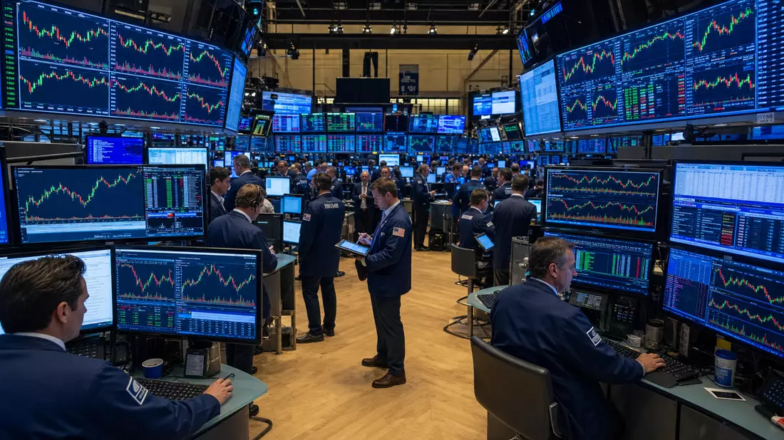Belebter NYSE-Handelssal mit Pharma-Aktienkursen auf Bildschirmen und aktiven Tradern