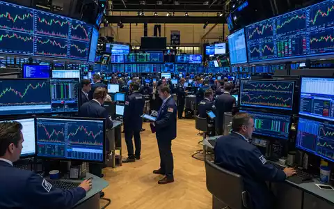 Bristol-Myers Squibb US1078421011 NYSE-Handelsparkett mit aktiven Tradern und Pharmasektor-Charts auf allen Monitoren - Foto: THN