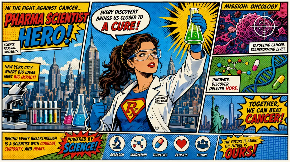 Buntes Pop-Art-Comic mit Onkologie-Forscherin als Heldin vor New Yorker Stadtkulisse