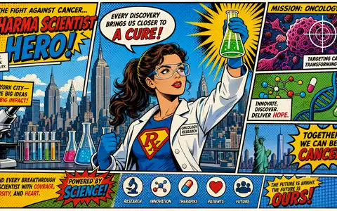 Bristol-Myers Squibb US1078421011 farbenfrohe Pop-Art-Comic-Szene mit Pharmawissenschaftlerin als Heldin vor New Yorker Skyline - Foto: THN
