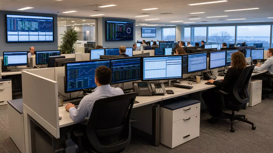 Modernes Fintech-Büro mit mehreren Bildschirmen und Finanzdaten auf Long Island