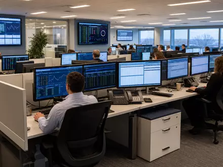 Broadridge Financial US1143401024 modernes Finanztechnologie Betriebszentrum auf Long Island mit Echtzeit Handelsdaten Monitoren - Foto: THN