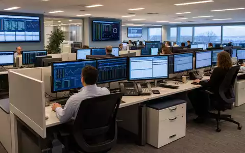 Broadridge Financial US1143401024 modernes Finanztechnologie Betriebszentrum auf Long Island mit Echtzeit Handelsdaten Monitoren - Foto: THN