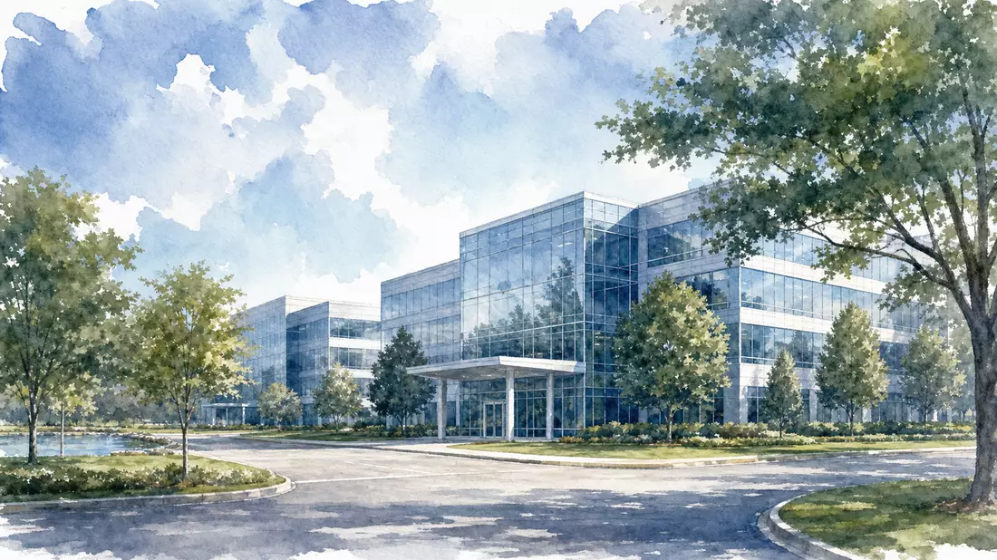 Aquarell eines modernen Bürogebäudes mit Glasfassade und Bäumen auf Long Island