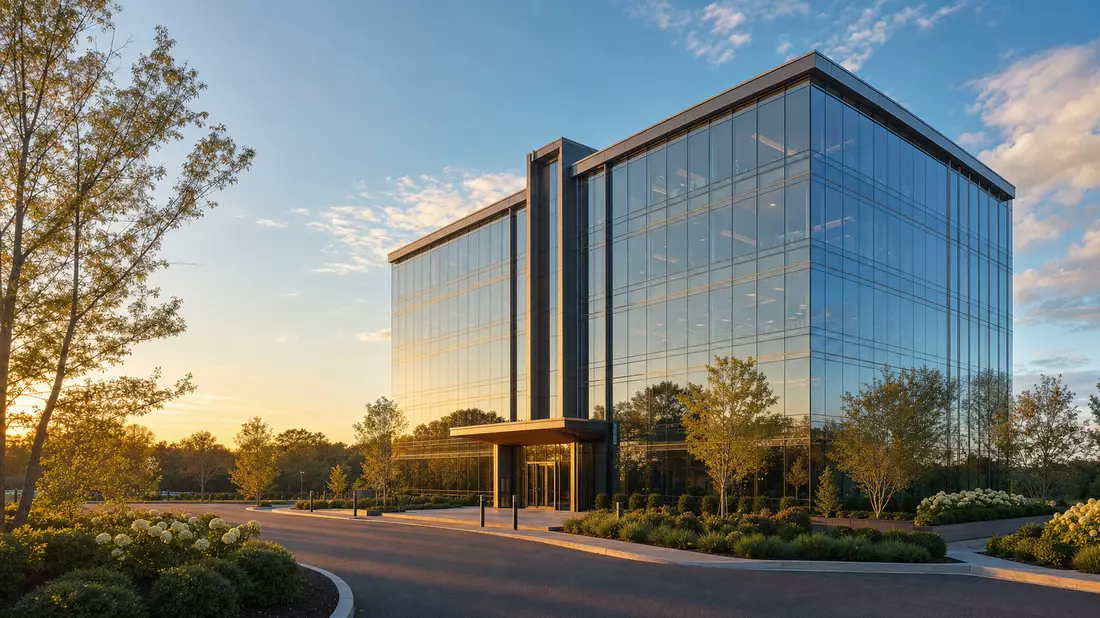 3D-Architekturrender eines modernen Unternehmensgebäudes mit Glasfassade bei Sonnenuntergang