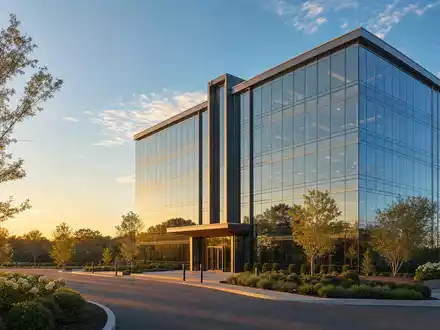 Broadridge Financial US1143401024 Architektur Render eines modernen Glas Firmengebaeudes im goldenen Abendlicht Long Island - Foto: THN