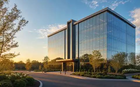 Broadridge Financial US1143401024 Architektur Render eines modernen Glas Firmengebaeudes im goldenen Abendlicht Long Island - Foto: THN
