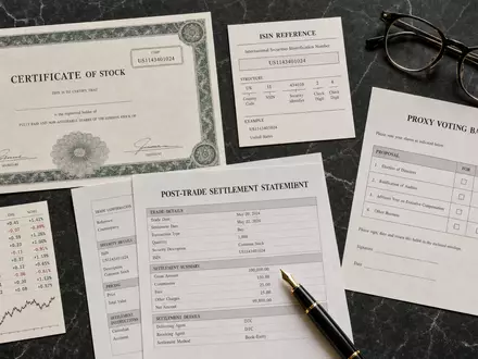 Broadridge Financial US1143401024 Flatlay mit Aktienzertifikat ISIN Karte Proxy Wahlformular und Settlement Dokument Marmor - Foto: THN