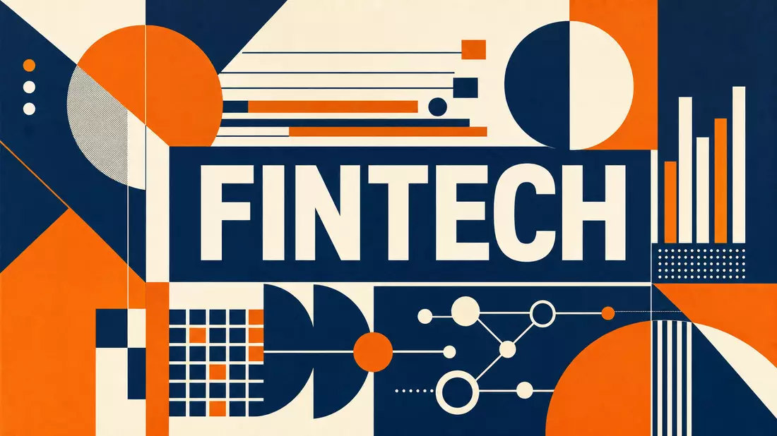 Bauhaus-Grafikposter mit FINTECH-Text, geometrischen Kreisen und Rechtecken in Navy und Orange