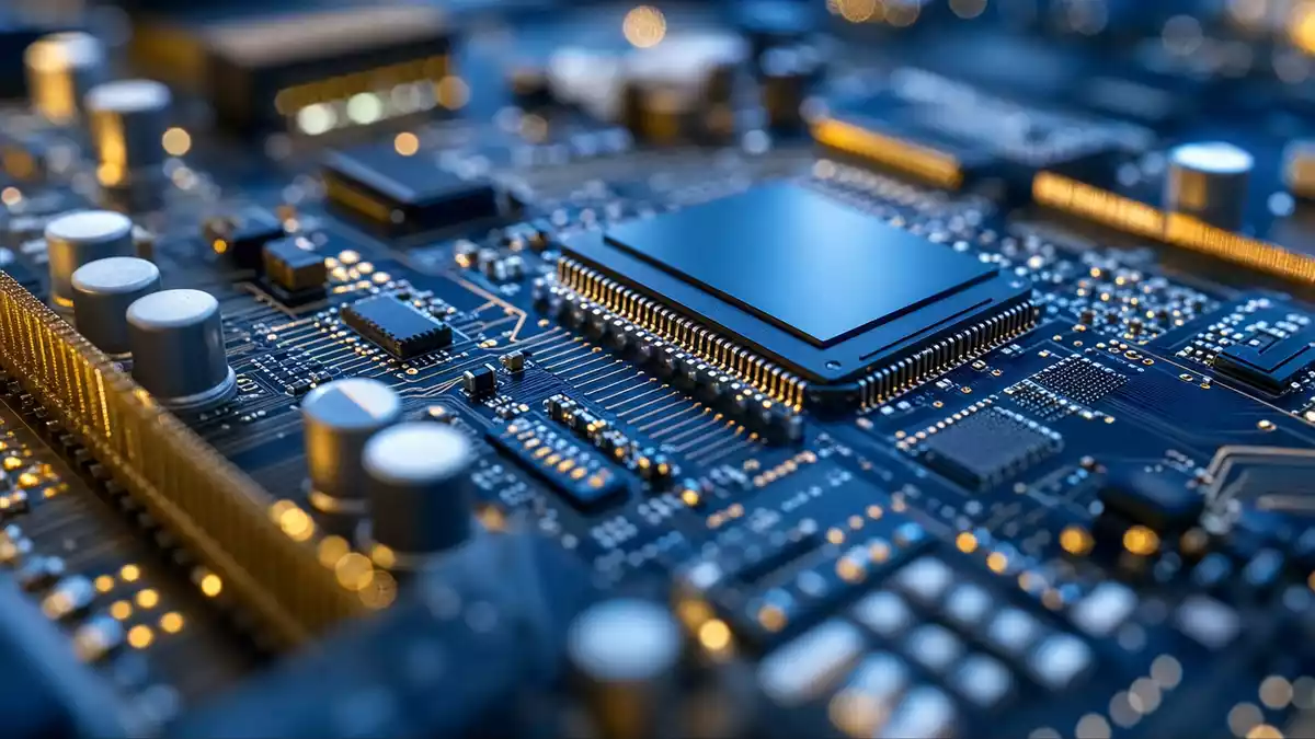 Extreme Makro-Nahaufnahme einer blauen Serverplatine mit goldenen Leiterbahnen und Chips