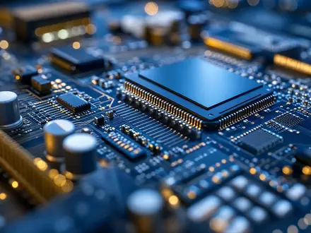 Broadridge Financial US1143401024 Makroaufnahme einer Finanztechnologie Serverplatine mit Mikroprozessoren in Blau und Gold - Foto: THN