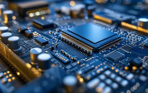 Broadridge Financial US1143401024 Makroaufnahme einer Finanztechnologie Serverplatine mit Mikroprozessoren in Blau und Gold - Foto: THN
