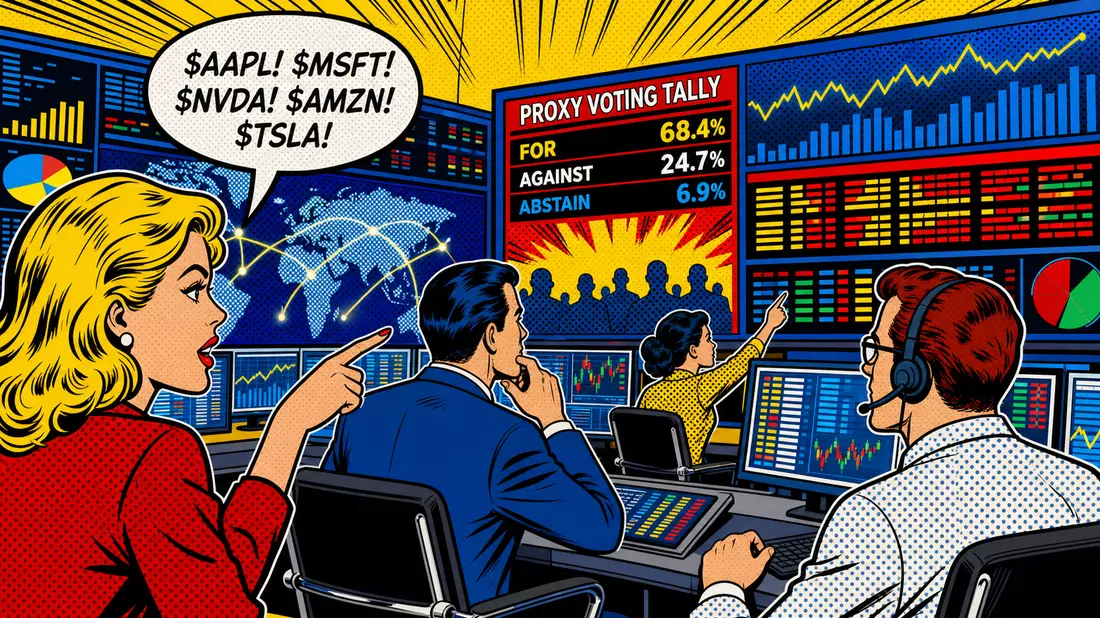 Bunter Pop-Art-Comic: Fintech-Kontrollraum mit Proxy-Voting-Tafel und NYSE-Ticker-Sprechblase