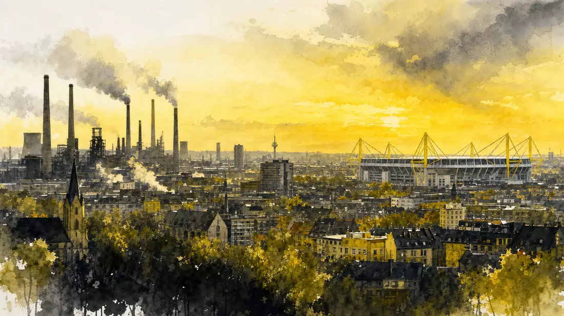 Aquarellgemälde des Dortmunder Stadtpanoramas mit Industrieschornsteinen und Stadion