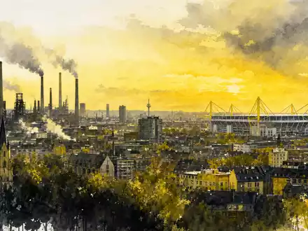 Borussia Dortmund DE0005493092 Aquarell Stadtpanorama mit Dortmunder Industriekulisse und Stadionsilhouette im Hintergrund - Foto: THN