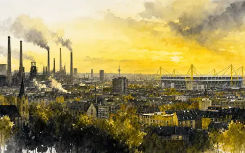 Borussia Dortmund DE0005493092 Aquarell Stadtpanorama mit Dortmunder Industriekulisse und Stadionsilhouette im Hintergrund - Foto: THN