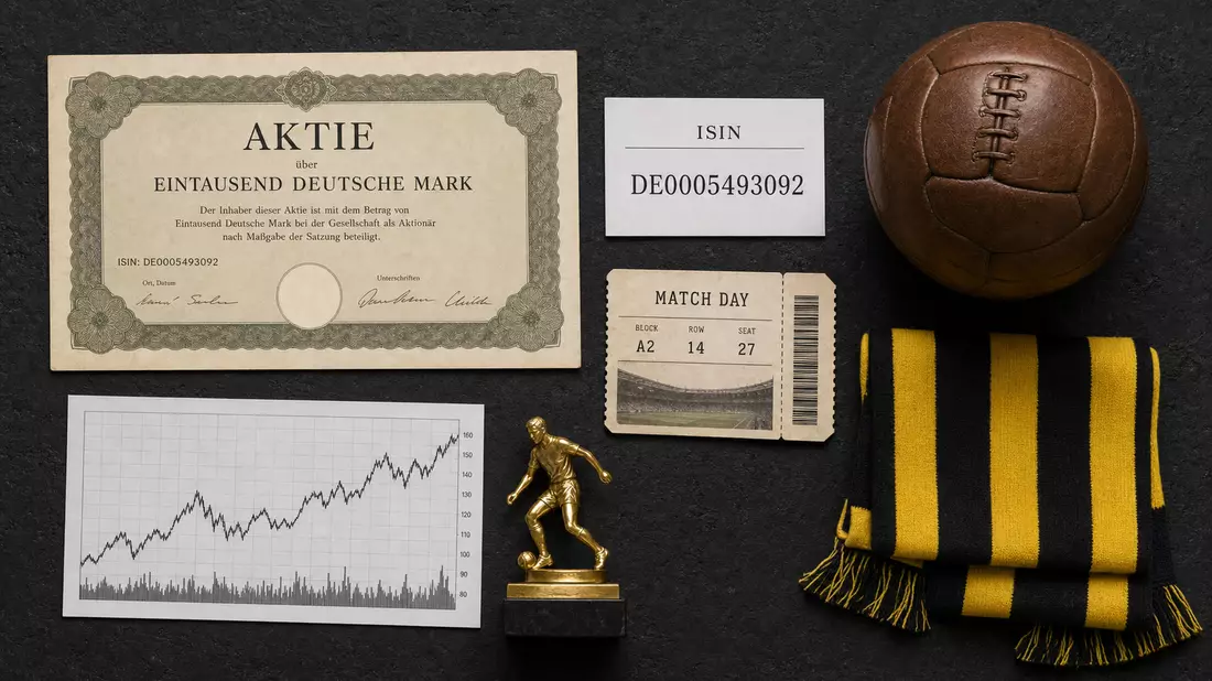 Draufsicht auf Aktienzertifikat, ISIN-Karte DE0005493092, Fußball und gelb-schwarzen Schal