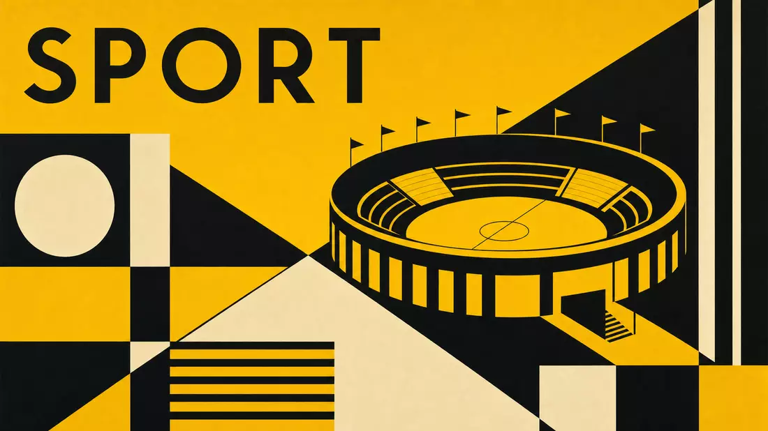 Geometrisches Bauhaus-Poster in Gelb-Schwarz mit Stadionsilhouette und dem Text SPORT