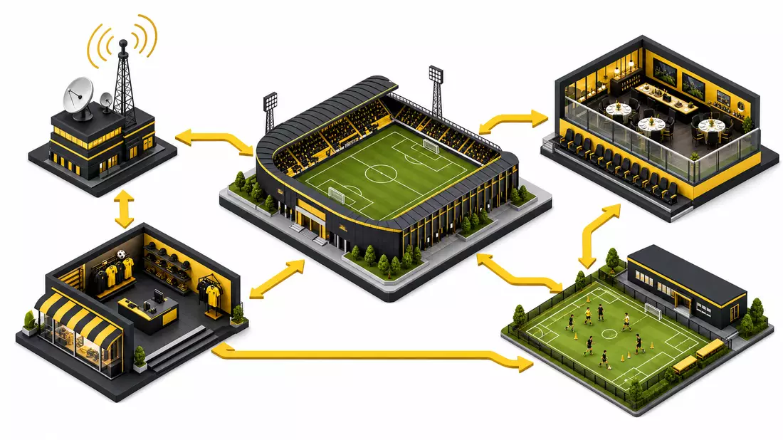 Isometrische 3D-Illustration der Wertschöpfungskette: Stadion, Medien, Shop, Akademie, Hospitality