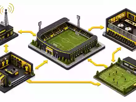 Borussia Dortmund DE0005493092 isometrisches Diagramm der Wertschöpfungskette eines Fußball Unternehmens in Gelb Schwarz - Foto: THN