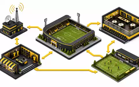 Borussia Dortmund DE0005493092 isometrisches Diagramm der Wertschöpfungskette eines Fußball Unternehmens in Gelb Schwarz - Foto: THN